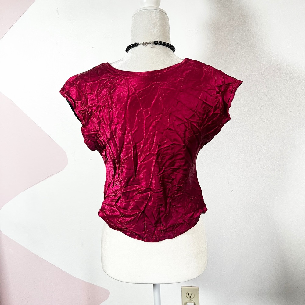 Vintage 90s Floral Brocade Top Womens Small Red Black Vampire Gothic Victorian - Picture 2 of 4
